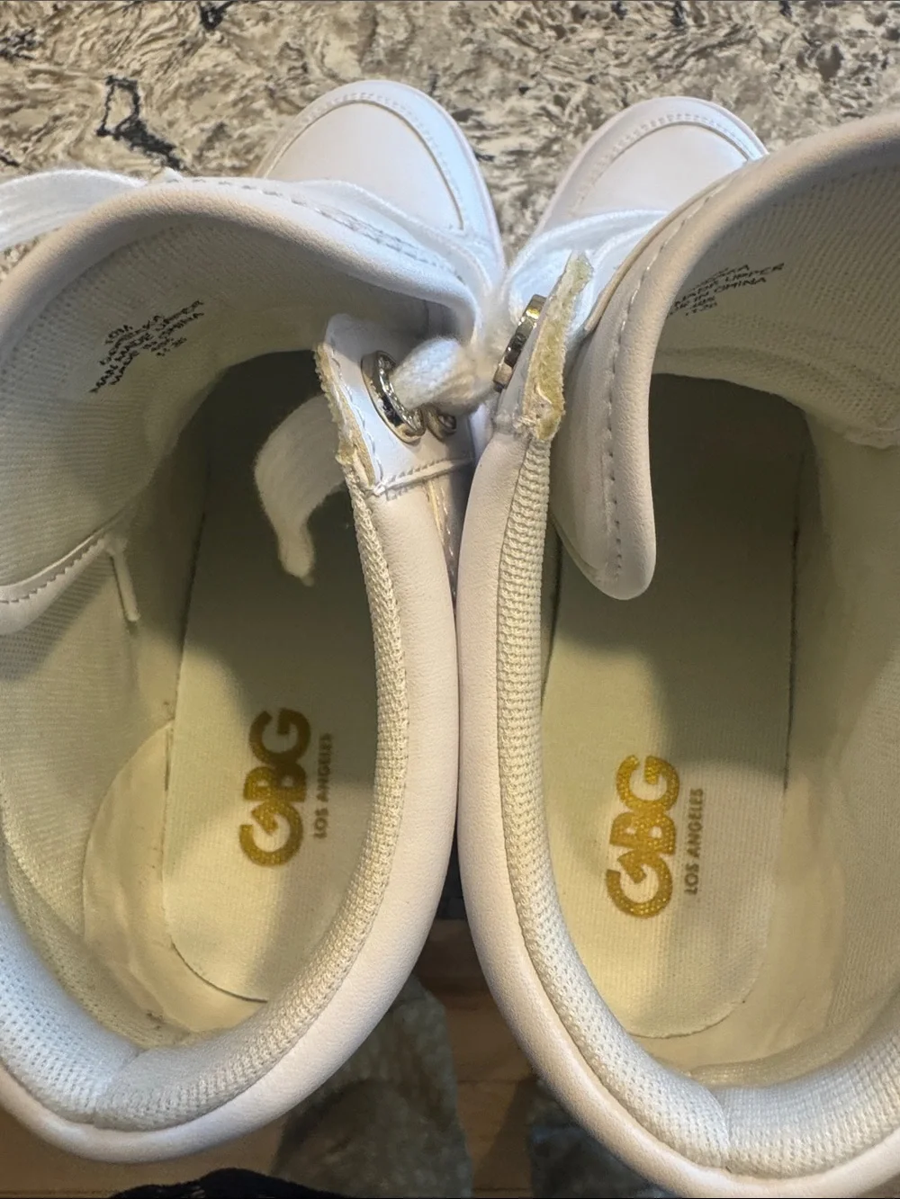 GBG Los Angeles White Quilted High-Top Sneakers with Gold G Accent